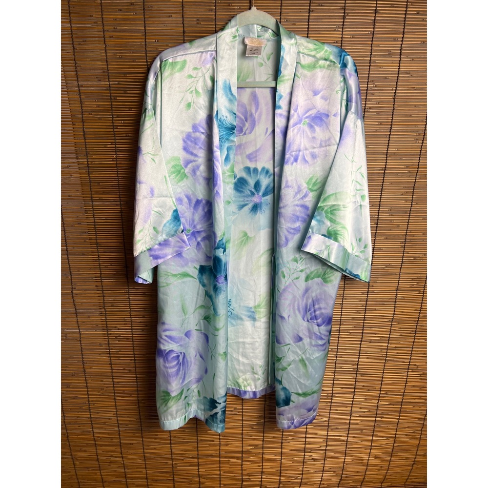 LA Intimates Floral Satin Robe Womens Large Blue Purple Mint Green Kimono Wrap